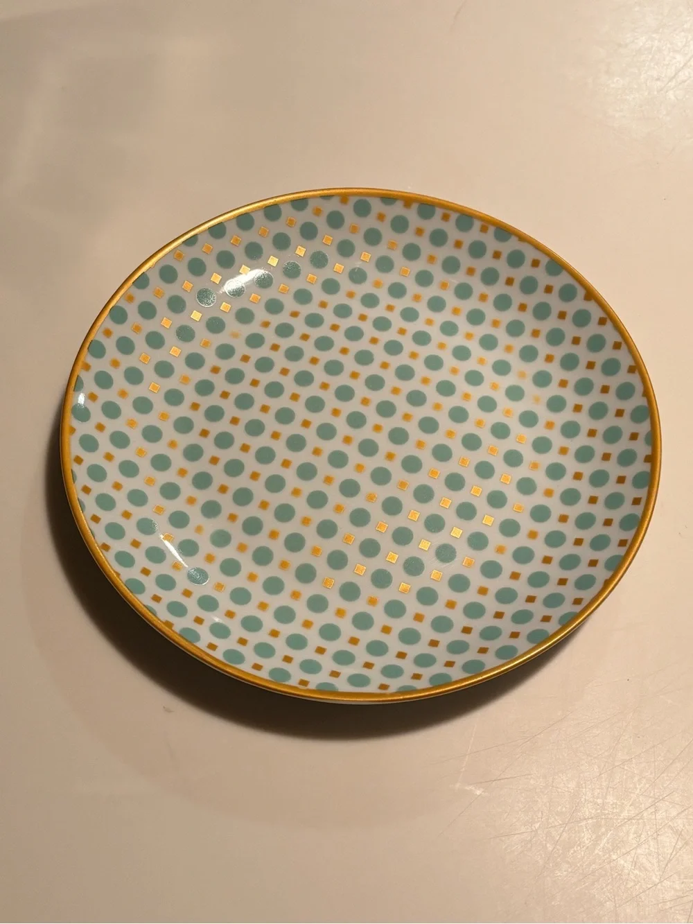 10 Strawberry Street Aqua Polka Dot Gold Accent Salad Dessert Plate 7.5”
